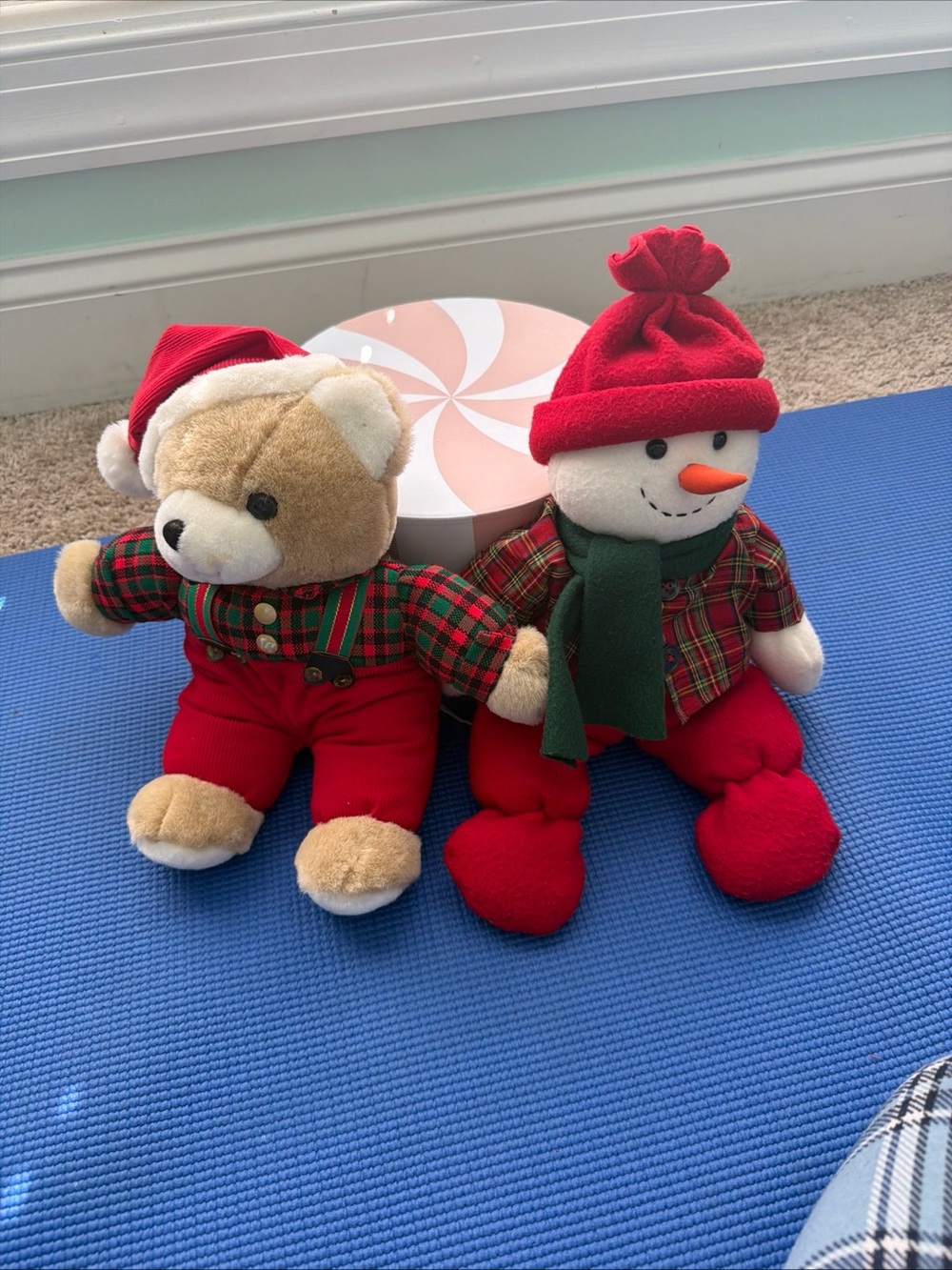 Vintage Christmas Plush Snowman & Teddy Bear Stuffed Animals Lot.